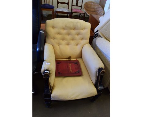 MID TO LATE 19TH CENTURY REGENCY STYLE BLACK EBONISED ARMCHAIR WITH BUTTON BACK CREAM UPHOLSTERY, 66CM WIDE
