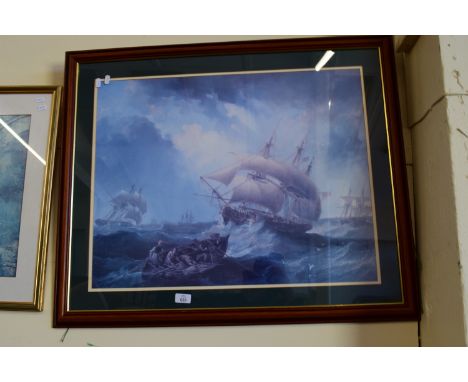 LARGE FRAMED PRINT OF NAVAL SHIPS, 73 X 87CM