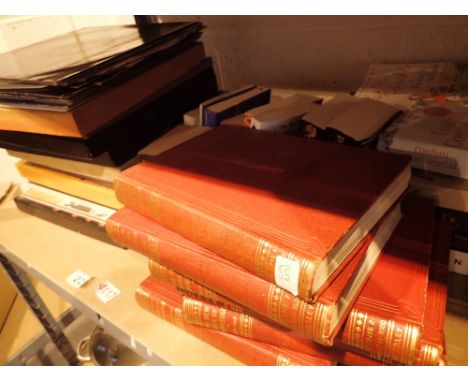 Shelf of mixed soft and hardback books and LP records