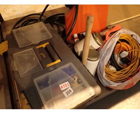 Large toolbox with a good selection of hand tools and several electrical extensions large plastic petrol can fixtures and fit