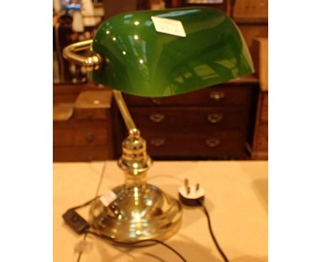 Brass based green glass shade bankers desk lamp