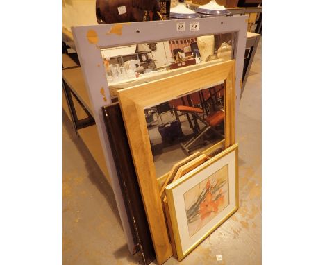 Five framed wall mirrors various sizes and a print