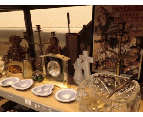 Mixed lot to include brass companion candlestick holders ceramics glassware etc