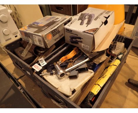 Two boxes of hand tools to include Black and Decker heat gun and an Orbital sander