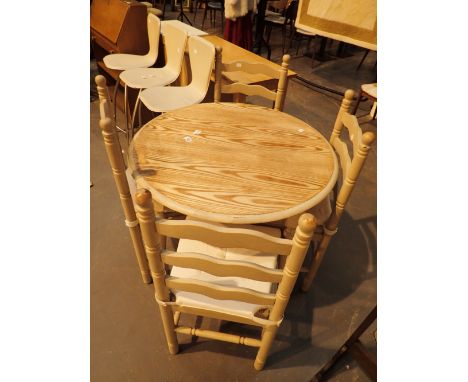 Part painted pine kitchen table with four matching ladder back chairs D: 91 cm 