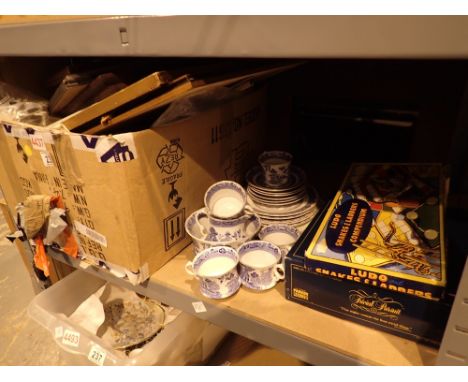 Shelf of mixed items including prints ceramics etc