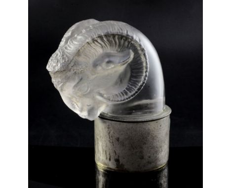 Tête de Belier/Rams Head. A glass mascot by René Lalique, introduced on 3/2/1928, No.1136 clear and frosted glass with a slig