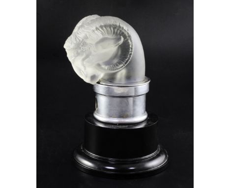 Tête de Belier/Rams Head. A glass mascot by René Lalique, introduced on 3/2/1928, No.1136 in frosted glass with a slight grey
