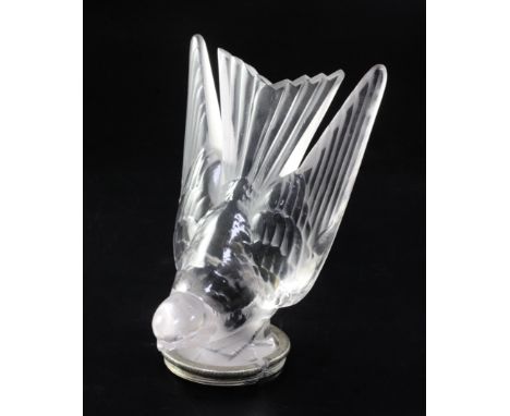 Hirondelle/Swallow. A glass mascot by René Lalique, introduced on 10/2/1928, No.1143 in clear and frosted glass with a slight