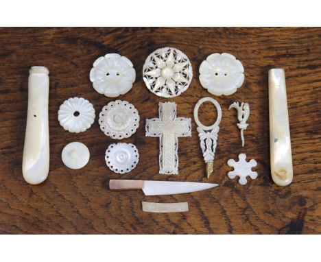 Various mother-of-pearl gaming counters; cutlery handles, etc.