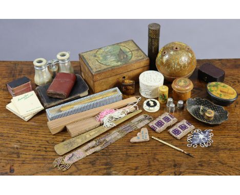 A pair of French mother-of-pearl &amp; chrome plated opera glasses; three silver thimbles; three fans; &amp; various items of