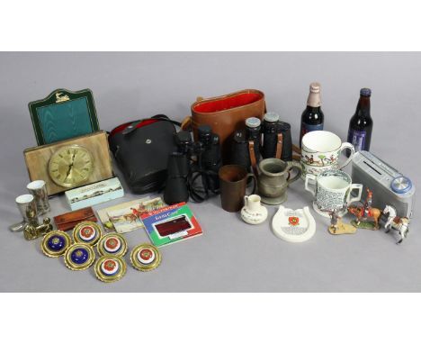 Two pairs of binoculars each with case; a mantel clock; a pewter measure, etc. 