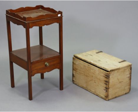 A 19th century mahogany tray-top two-tier whatnot, 13½” wide x 27” high; a pine storage trunk, 17¾” wide; a towel-rail, 26” w