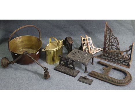 A brass preserve pan with iron overhang handle, 12½” dia.; a brass oval watering can “H.F. &amp; Co.”, a metal wall light, a 