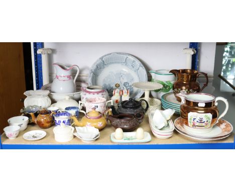 Various items of 19th century porcelain &amp; china, a Copeland floral-painted tile, a white-glazed pottery rolling pin, etc.