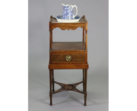 A 19th century inlaid mahogany square two-tier washstand fitted drawer to the lower tier, on round tapered supports, with ope