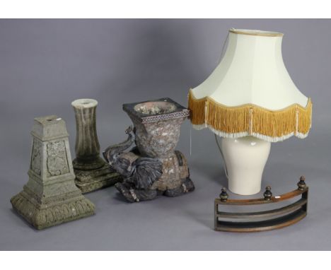 A pottery table lamp with shade; two garden pedestals, an ‘elephant’ jardiniere, &amp; a fire-front.