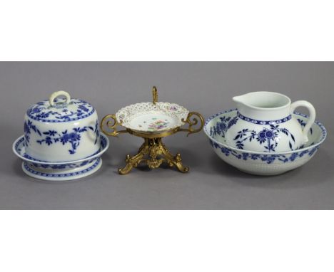 A Minton’s china blue &amp; white floral decorated stilton dish (w.a.f.); a similar matched toilet jug &amp; basin, &amp; a f