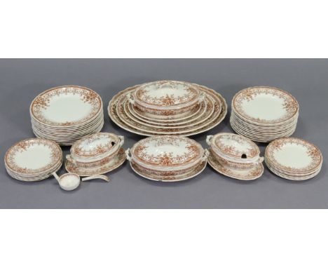 A late Victorian Keeling &amp; Co. brown &amp; white “Oxford” forty-four piece dinner service (settings for twelve; ladle w.a