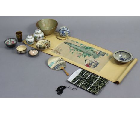 Five items of Japanese tea ware with Samurai decoration; two Chinese ginger jars; a scroll picture, etc.
