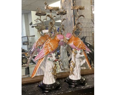 PAIR OF BRONZE &amp; PORCELAIN PARROT CANDLESTICKS 55CMS (H) APPROX