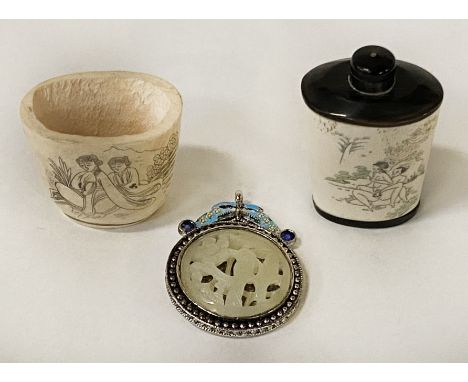 JADE PENDANT WITH ORIENTAL SCENT BOTTLE &amp; A BONE VESSEL