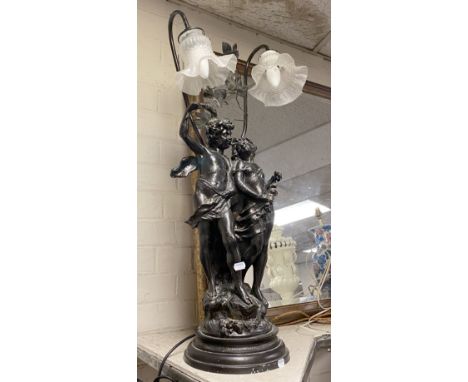 LARGE ART NOUVEAU STYLE TWIN FIGURE TABLE LAMP - 77.5 CMS (H) APPROX