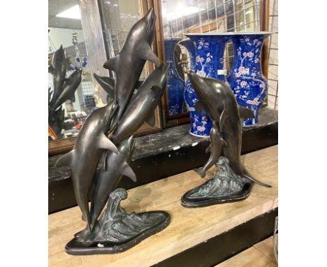 2 PATINATED BRONZE DOLPHINS 55.5CMS (H) &amp; 41CMS (H) APPROX 