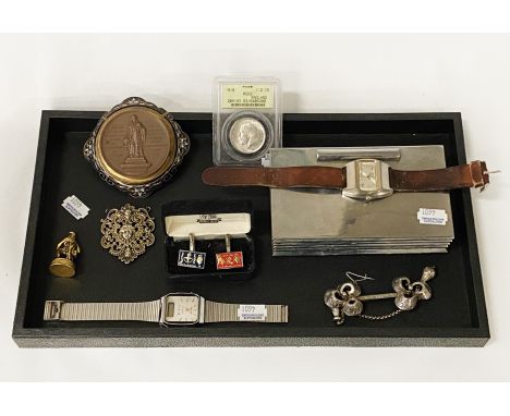 INTERESTING ITEMS LOT INCLUDES SILVER PENDANT H/M SILVER CUFFLINKS FROM ROYAL MINT, VINTAGE WATCHES &amp; COPPER FRENCH MEDAL