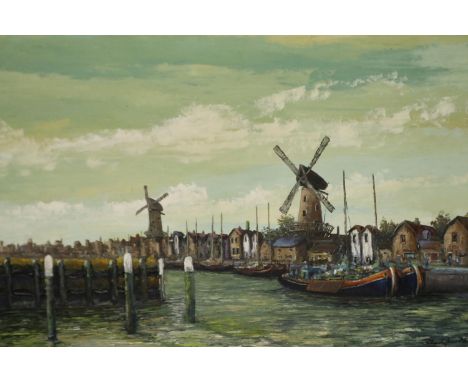 Christopher Phillips (20th century): oil on board, Dutch canal scene, 92 x 59 cm. Not available for in-house P&PArtists Resal