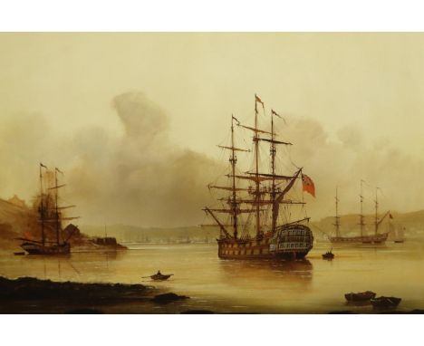 Les Jason Spence (B. 1934): oil on canvas, galleon anchored in a bay, 120 x 88 cm. Not available for in-house P&PArtists Resa