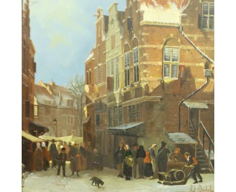 Peter van Berkel (B. 1956): oil on board, continental market scene, 39 x 29 cm. Not available for in-house P&PArtists Resale 