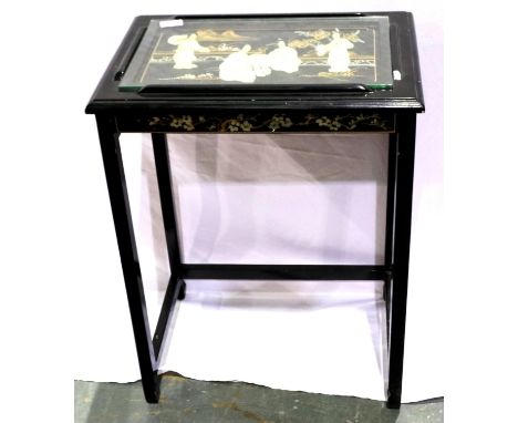 A black lacquered Oriental lamp table with gilt and painted decoration, 50 x 35 x 66 cm H. Not available for in-house P&amp;P