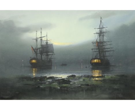 Les Jason Spence (B. 1934): oil on canvas, masted ships at anchor, dated 1980 verso, 90 x 60 cm. Not available for in-house P