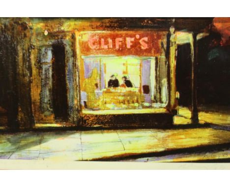 Harold Riley (B. 1934): hand finished and signed artists proof print, The Corner Shop, 28 x 20 cm. Not available for in-house