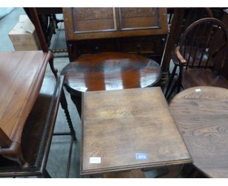 An oak bureau, a beech wood lamp standard and two tables