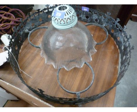 An Edwardian style glass hanging lamp and a pierced metal oil lamp corona