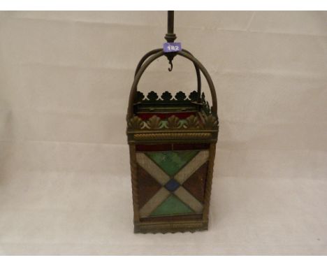 A Victorian Arts and Crafts stained glass gas hall lantern. Each pane 9.25'' x 6.5''