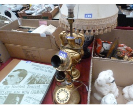 Two table lamps and a reproduction candlestick telephone