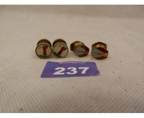 Golf: A pair of enamel cufflinks with a golfer at the end of hios swing and another pair of cufflinks
