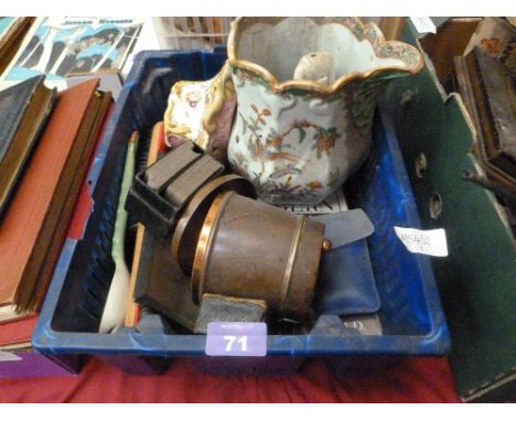 A box of sundries including copper pot, playing cards etc
