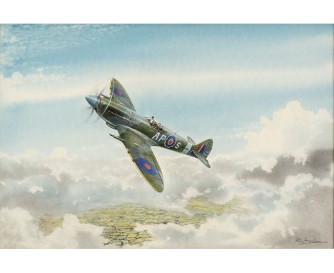 * Howell (John, 1936 -). 130 (Punjab) Squadron, watercolour on paper, showing Spitfire MKXIV operational over land, signed lo