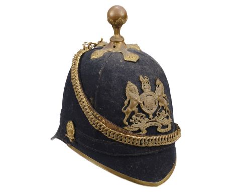 * Helmet. Edwardian Royal Army Medical Corps blue cloth Home Service pattern helmet, circa 1902-07, black felt with brass hel