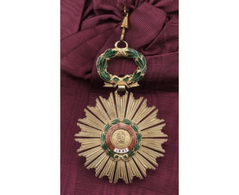 * Peru, Order of the Sun, sash badge by Lemaitre, Paris, silver-gilt and enamel 59 mm, on a crimson silk sash with rosetteQTY