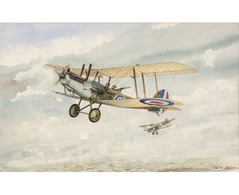 * Howell (John, 1936 -). R.E.8 Reconnaissance Biplane 1916, watercolour on paper, showing pilot and observer over land, signe