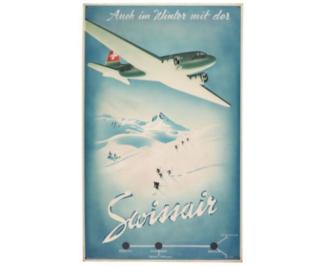 * Swissair. An advertising poster designed by Theodore 'Teddy' Brunner, circa 1938, colour lithograph with areas of heighteni