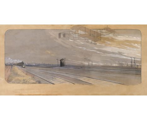 * Gamy. 'Londres-Manchester' 1910, a hand-coloured pochoir lithograph on paper, showing an aviation scene depicting Paulhan i