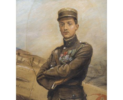 * Berne-Bellecour (Jean Jacques, 1874-1939). Portrait of the French aviator George Guynemer, 1918, watercolour on paper, show