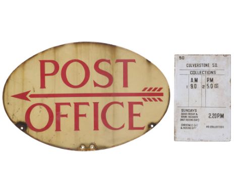 * Enamel Sign. Post Office double sided directional sign, oval with red lettering on a cream ground, with four screw holes, g