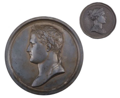 * Andrieu (F). Napoleon Bonaparte wearing a laurel wreath circa 1804, pewter uniface medal, 14 cm diameter, together with a s